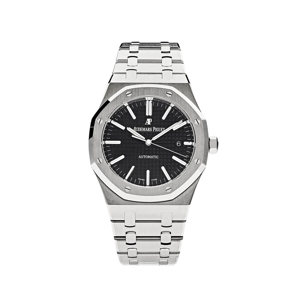 Silver watch with black face