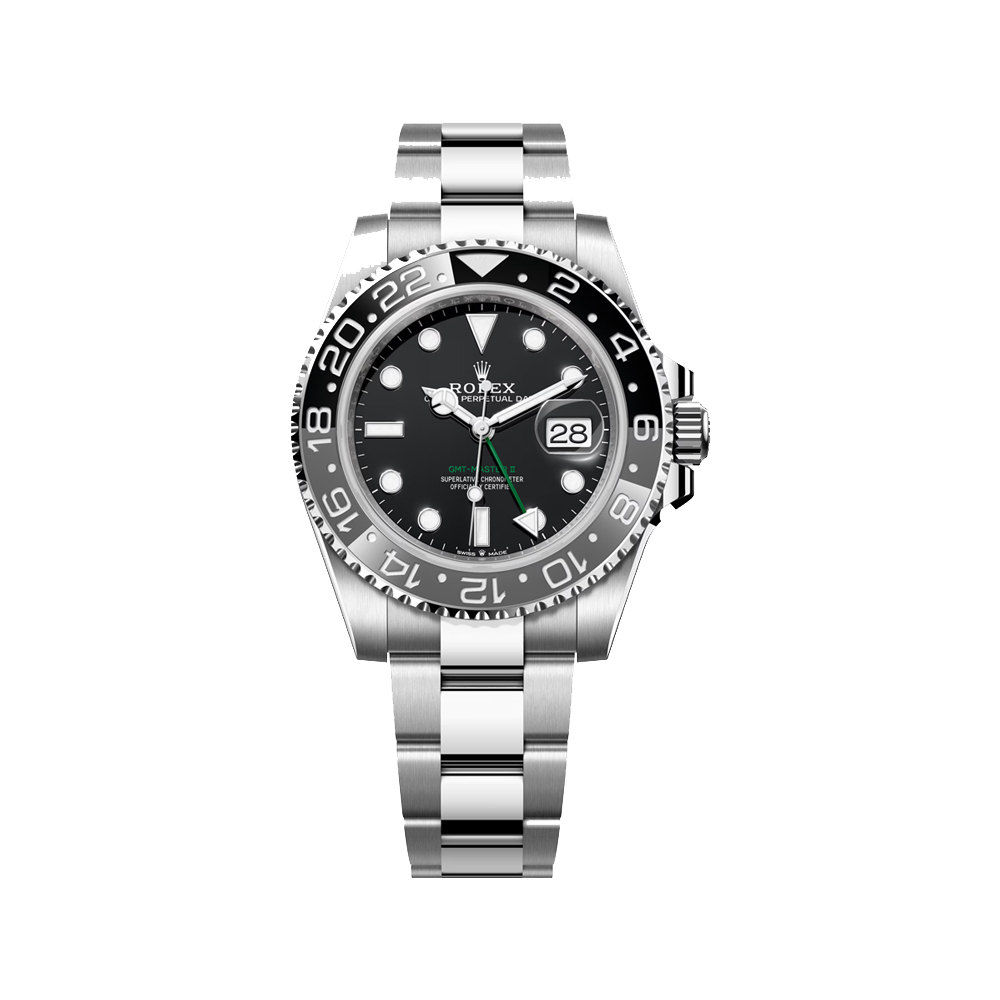 Silver watch with black dial on a white background