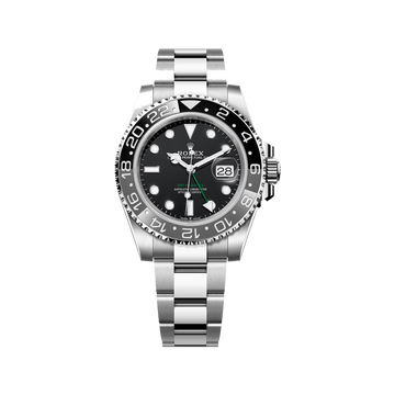 Silver watch with black dial on a white background