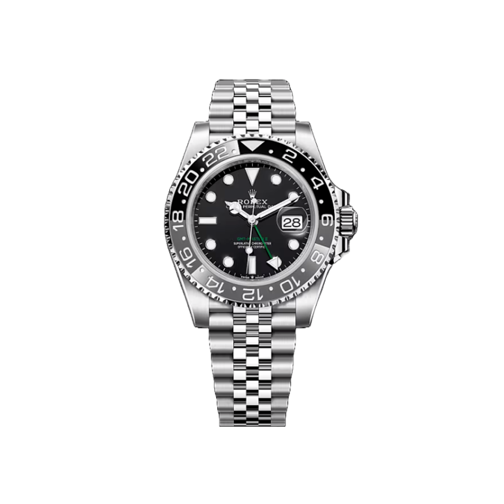 Silver watch with black dial on a white background