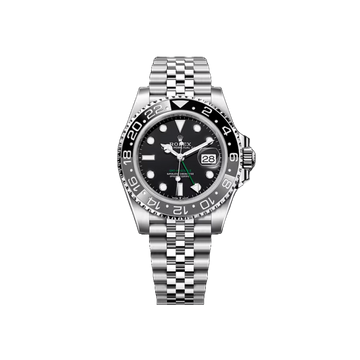 Silver watch with black dial on a white background