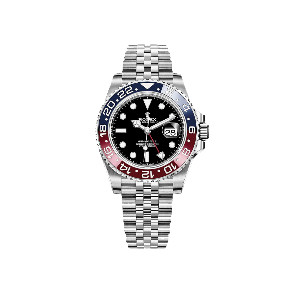 Rolex watch with a silver bracelet and black, red, and blue bezel on a white background