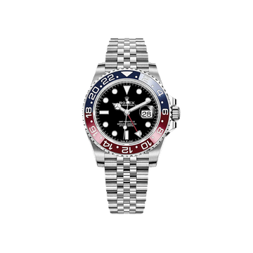 Rolex watch with a silver bracelet and black, red, and blue bezel on a white background