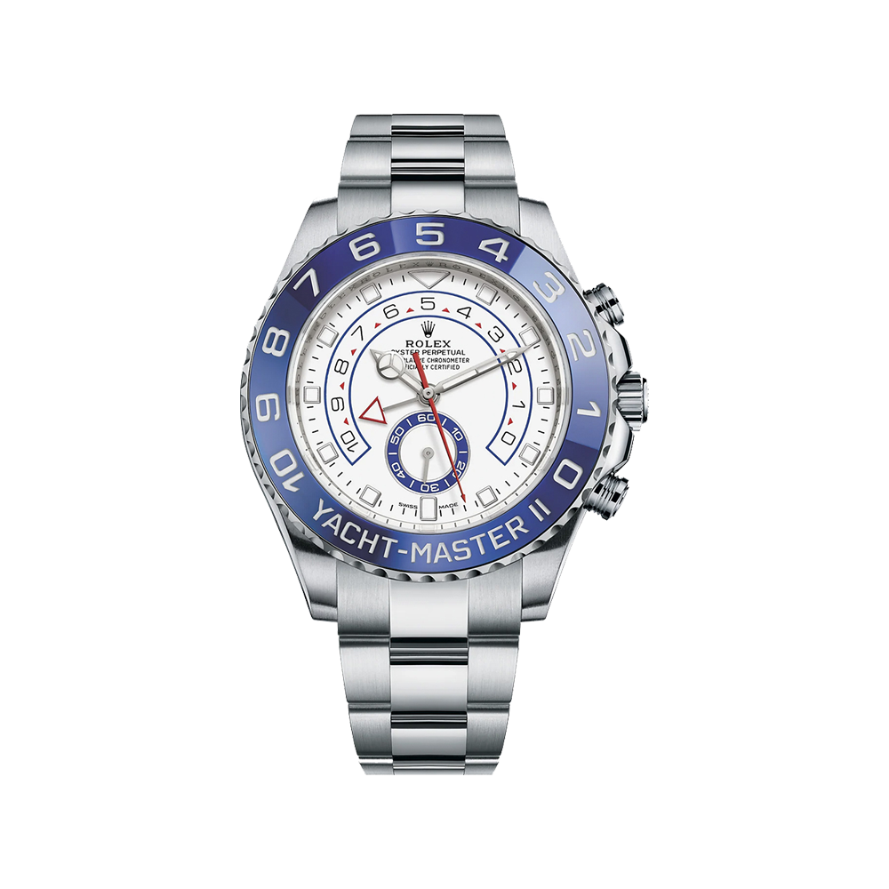 Rolex Yacht-Master II watch with blue and silver design on a white background
