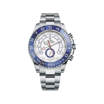 Rolex Yacht-Master II watch with blue and silver design on a white background